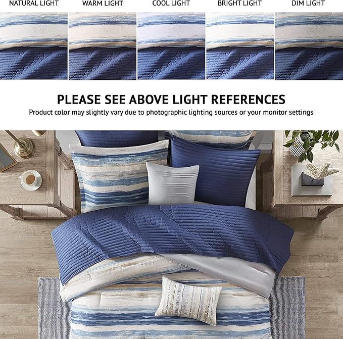 Madison Park Marina Comforter Quilt Combo Set - Modern Luxury Design, All Season Down Alternative Bedding, Matching Shams, Decorative Pillows, King/Cal King(104"x92") Seersucker Blue 8 Piece - LeafyLoom