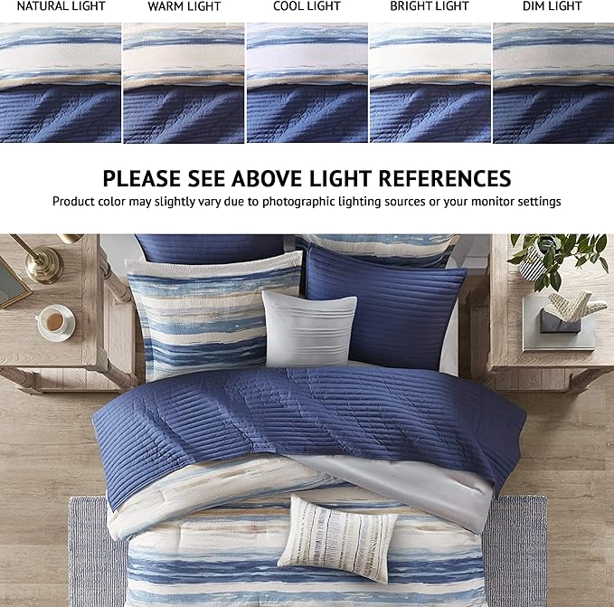 Madison Park Marina Comforter Quilt Combo Set - Modern Luxury Design, All Season Down Alternative Bedding, Matching Shams, Decorative Pillows, Full/Queen(90"x90"), Seersucker Blue 8 Piece - LeafyLoom