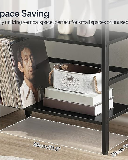 HOOBRO 3 Tier Bookshelf, Industrial Bookcase, Record Storage Rack with Side Fence, Wood Storage Shelf with Metal Frame, Rustic Open Display Shelf for Living Room, Bedroom, Black BB86CJ01 - LeafyLoom