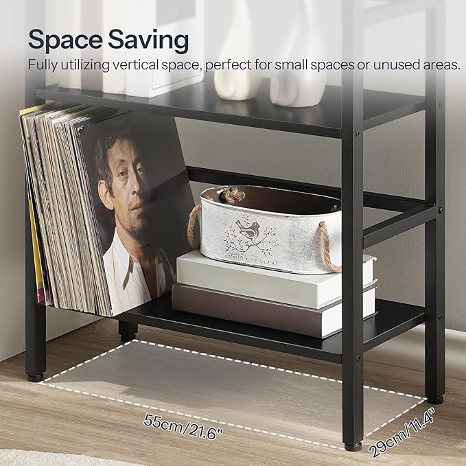 HOOBRO 3 Tier Bookshelf, Industrial Bookcase, Record Storage Rack with Side Fence, Wood Storage Shelf with Metal Frame, Rustic Open Display Shelf for Living Room, Bedroom, Black BB86CJ01 - LeafyLoom