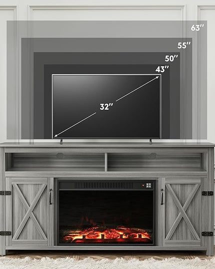 YESHOMY Fireplace TV Stand for Television up to 65+ Inch with Storage and Farmhouse Barn Doors, Entertainment Center with Cabinet and Shelves, Media Console for Living Room, Gray Wash - LeafyLoom