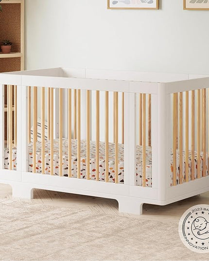 Babyletto Yuzu Convertible All-Stages Bassinet, Midi, Full-Size Crib in White with Natural, Greenguard Gold Certified, Portable & Adjustable with Conversion Kits and Pads Included - LeafyLoom