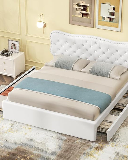 Queen Size Linen Upholstery Platform 2 Storage Drawers and Trundle,Solid Pine Wood Bedroom Bed Frame w/Headboard & Slat Support,for Kids Teens Adults,White - LeafyLoom