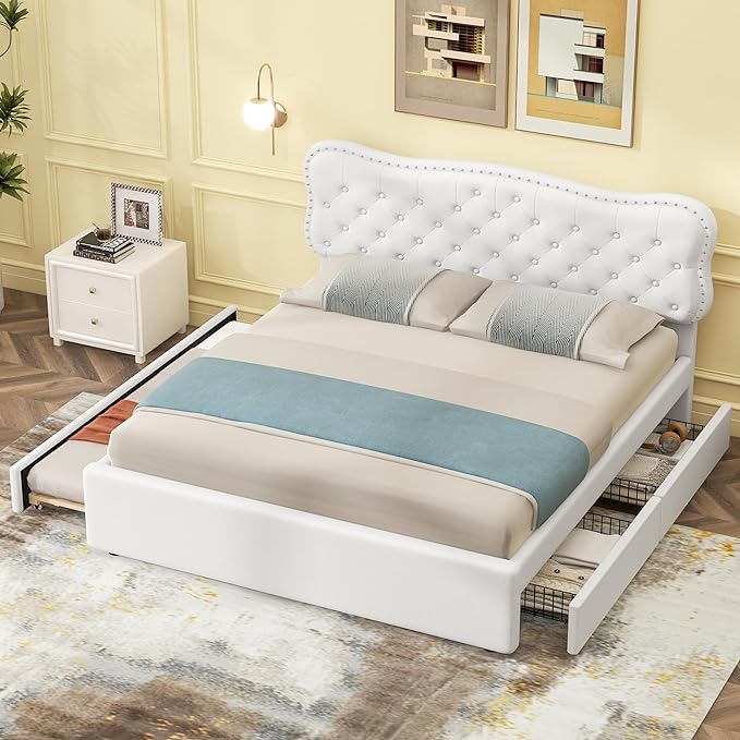 Queen Size Linen Upholstery Platform 2 Storage Drawers and Trundle,Solid Pine Wood Bedroom Bed Frame w/Headboard & Slat Support,for Kids Teens Adults,White - LeafyLoom