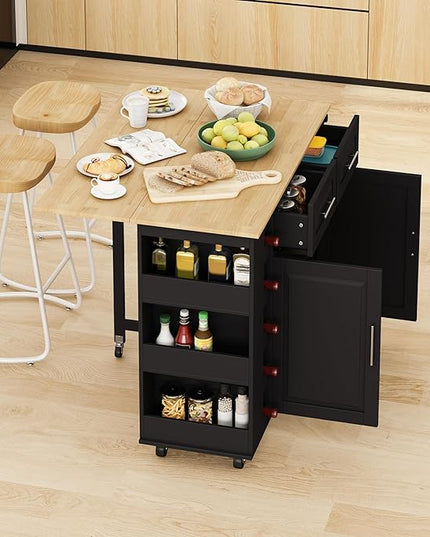 Multi-Functional Kitchen Island Mobile Cart with 2 Door Cabinet,Two Drawers,Spice-Rack,Towel Holder,Wine-Rack,Foldable Rubberwood Table Top,for Dining Room Bar,Black - LeafyLoom