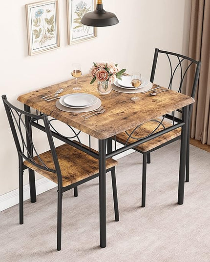 IDEALHOUSE Dining Table Set for 2, Kitchen Table and Chairs, Square Dining Room Table Set with 2 Metal and Wood Chairs, 3 Piece Dining Table Set for Small Spaces, Apartment, Rustic Brown - LeafyLoom