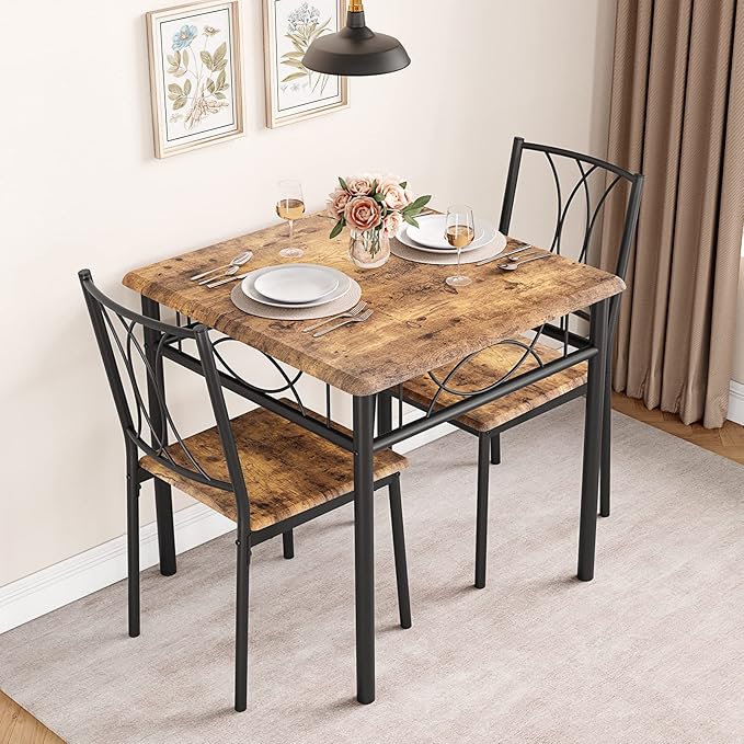 IDEALHOUSE Dining Table Set for 2, Kitchen Table and Chairs, Square Dining Room Table Set with 2 Metal and Wood Chairs, 3 Piece Dining Table Set for Small Spaces, Apartment, Rustic Brown - LeafyLoom