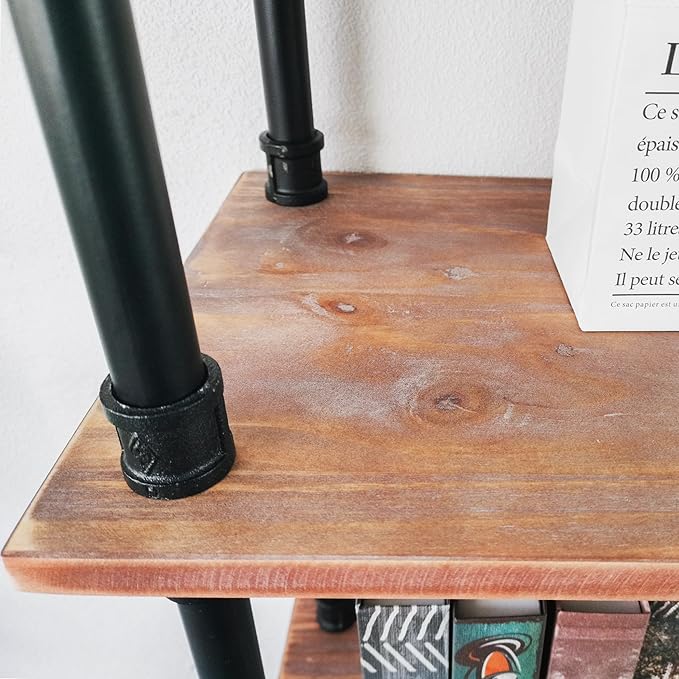 Industrial Bookshelves, Wood Pipe Bookshelf, 5 Shelf Rustic Display Storage Tall Standing Shelf Bookcase for Living Room, Kitchen, Office (Weathered Brown, 29.5" L x 11.8" W x 70" H) - LeafyLoom