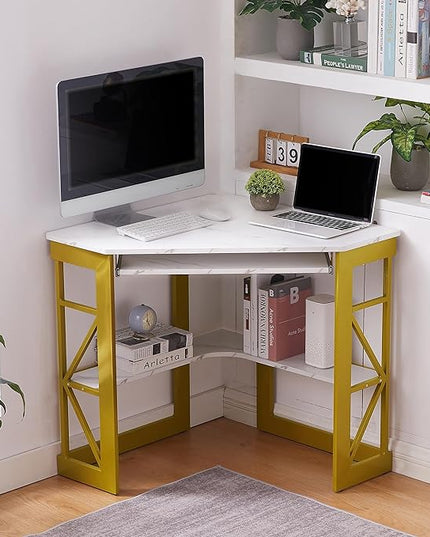 VECELO Corner Computer Desk 41 x 30 inches with Smooth Keyboard & Storage Shelves for Home Office Workstation, White & Gold - LeafyLoom
