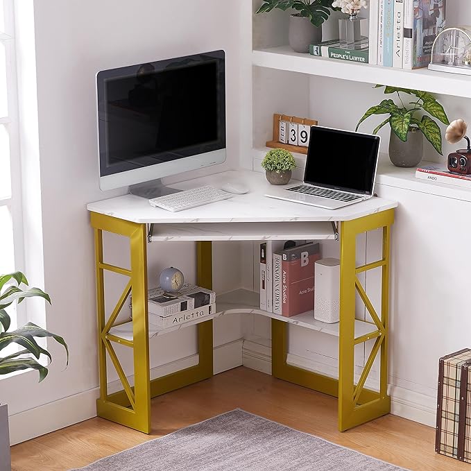 VECELO Corner Computer Desk Writing Smooth Keyboard Tray & Storage Shelves,Compact Home Office Triangle Table, Gold & White - LeafyLoom