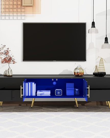 Merax Modern TV Stand for Televisions up to 80 Inches, Entertainment Center with Storage Drawers and Glass Door Cabinet, Marble-patterned Top Media Console Table & Metal Legs for Living Room, Black - LeafyLoom