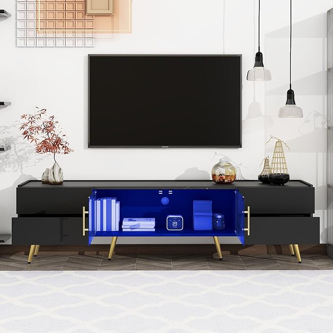 Merax Modern TV Stand for Televisions up to 80 Inches, Entertainment Center with Storage Drawers and Glass Door Cabinet, Marble-patterned Top Media Console Table & Metal Legs for Living Room, Black - LeafyLoom
