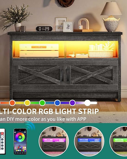 YITAHOME Media Console with LED Light and Power Outlet, Farmhouse TV Stand for up to 40 Inch TV, Rustic Entertainment Center Table TV Cabinet for Living Room, Dark Grey, 35'' Wide - LeafyLoom