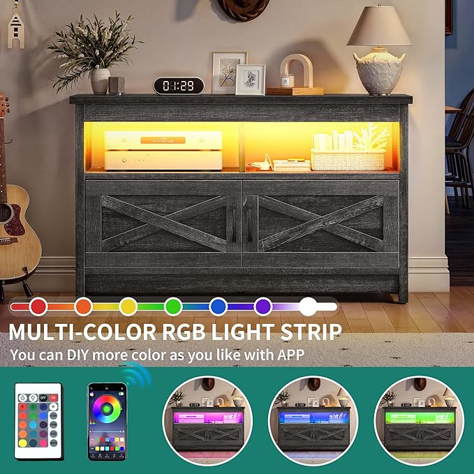 YITAHOME Media Console with LED Light and Power Outlet, Farmhouse TV Stand for up to 40 Inch TV, Rustic Entertainment Center Table TV Cabinet for Living Room, Dark Grey, 35'' Wide - LeafyLoom