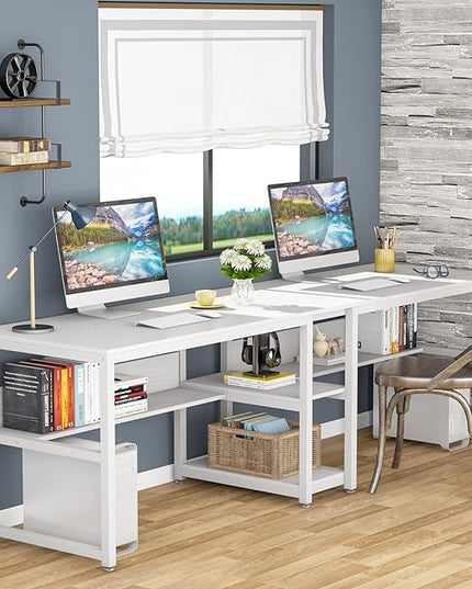 Tribesigns Two Person Desk with Bookshelf, 78.7 Computer Office Double Desk for Two Person, Rustic Writing Desk Workstation with Shelf for Home Office (White) - LeafyLoom
