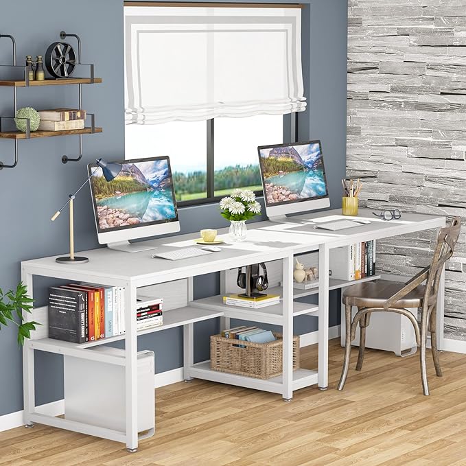 Tribesigns Two Person Desk with Bookshelf, 78.7 Computer Office Double Desk for Two Person, Rustic Writing Desk Workstation with Shelf for Home Office (White) - LeafyLoom