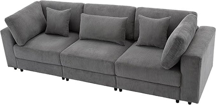 Morden Soft Corduroy Upholstered 3 Seater Sofa Couch with Removable Back Cushions and 5 Pillows for Living Room, Apartment, Office, 105", Gray-403 - LeafyLoom