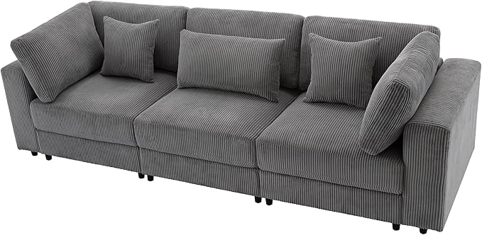 Morden Soft Corduroy Upholstered 3 Seater Sofa Couch with Removable Back Cushions and 5 Pillows for Living Room, Apartment, Office, 105", Gray-403 - LeafyLoom