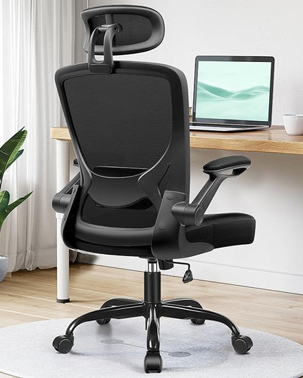 KERDOM Ergonomic Office Chair, Breathable Mesh Desk Chair with Headrest and Flip-up Arms for Office,Gaming,Computer Lumbar Support Swivel Task Chair, Adjustable Height,Black - LeafyLoom