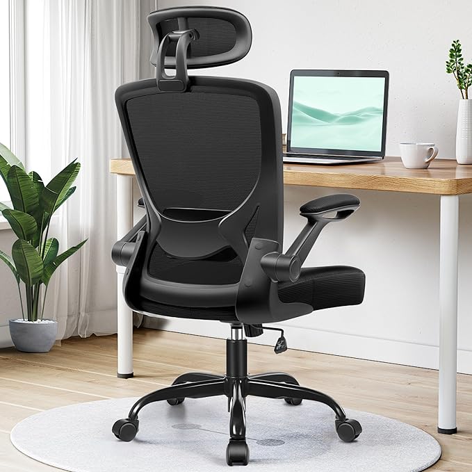 KERDOM Ergonomic Office Chair, Breathable Mesh Desk Chair with Headrest and Flip-up Arms for Office,Gaming,Computer Lumbar Support Swivel Task Chair, Adjustable Height,Black - LeafyLoom