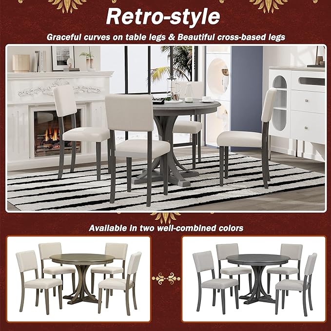 5-Piece Dining, Retro Round Kitchen Table Set with Curved Trestle Style Legs and 4 Upholstered Chairs for Diningroom, Dark Gray, 1 - LeafyLoom