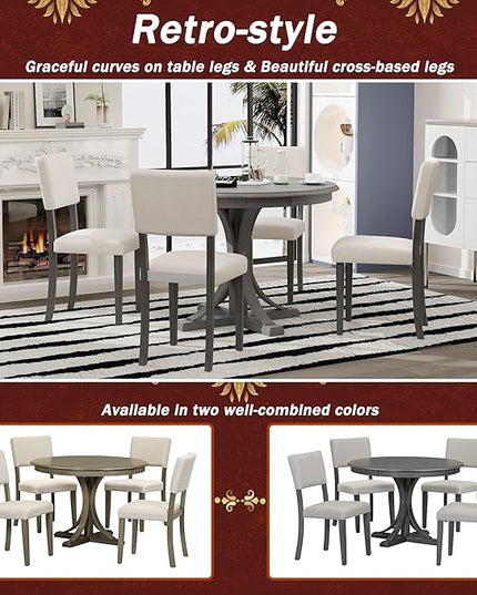 5-Piece Retro Round Dining Table Set-Curved Trestle Style Legs with 4 Upholstered Chairs for Kitchen Room, in Dark Gray - LeafyLoom