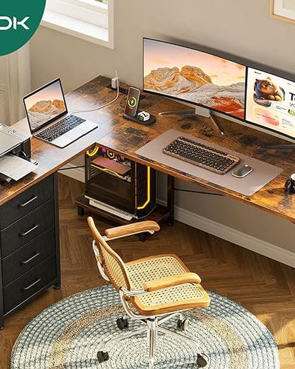 AODK L Shaped Desk with 4 Tier Drawers, 53" Reversible Gaming Desk with Power Outlets, L Shaped Computer Desk with USB Charging Port and Host Stand, Home Office Corner Desk, Easy to Assemble, Vintage - LeafyLoom