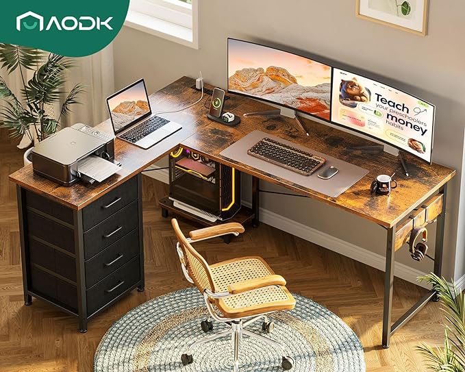 AODK L Shaped Desk with 4 Tier Drawers, 53" Reversible Gaming Desk with Power Outlets, L Shaped Computer Desk with USB Charging Port and Host Stand, Home Office Corner Desk, Easy to Assemble, Vintage - LeafyLoom