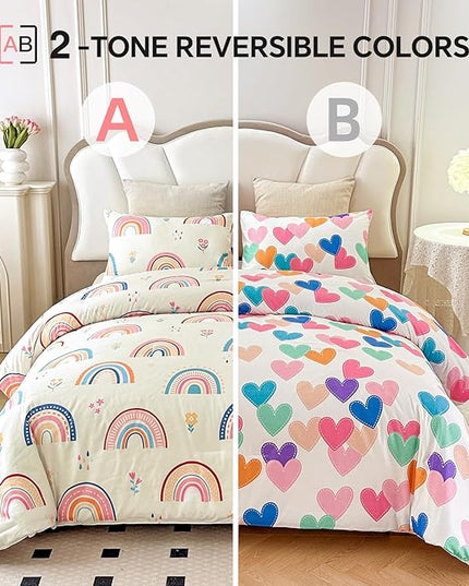 Btargot Lightweight Soft 3 Piece Rainbow Comforter Set with 2 Pillow Covers, Cartoon Love Hearts Flowers and Grass Bedding Set for Girls Boys Kids, Full Multi-Color - LeafyLoom