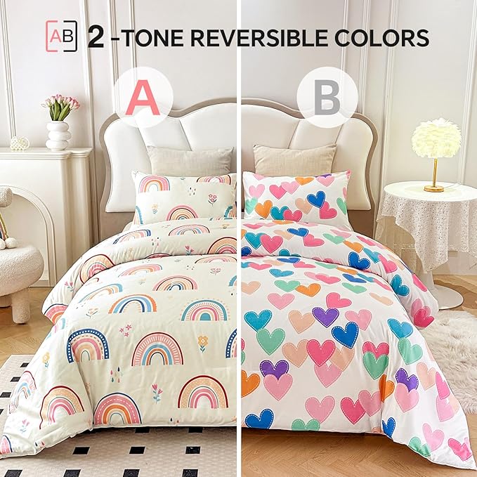 Btargot Lightweight Soft 3 Piece Rainbow Comforter Set with 2 Pillow Covers, Cartoon Love Hearts Flowers and Grass Bedding Set for Girls Boys Kids, Full Multi-Color - LeafyLoom