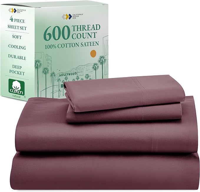 California Design Den King Bedsheet Set 100% Cotton, 600 Thread Count Deep Pocket, Snug Fit, Soft & Crisp Cooling Hotel-Quality Sheets for King Size Bed, Sateen Weave Set (King, Pastel Rose) - LeafyLoom
