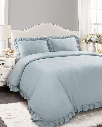 Lush Decor Reyna Ruffle Comforter Set - 3 Piece Cozy Ruffled Bedding Set - Timeless Elegance and Comfort for Dorm Room - Full/ Queen, Lake Blue - LeafyLoom