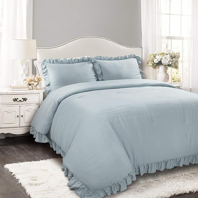 Lush Decor Reyna Ruffle Comforter Set - 3 Piece Cozy Ruffled Bedding Set - Timeless Elegance and Comfort for Dorm Room - Full/ Queen, Lake Blue - LeafyLoom