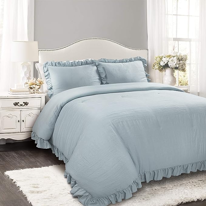 Lush Decor Reyna Ruffle Comforter Set - 3 Piece Cozy Ruffled Bedding Set - Timeless Elegance and Comfort for Bedroom - King, Lake Blue - LeafyLoom