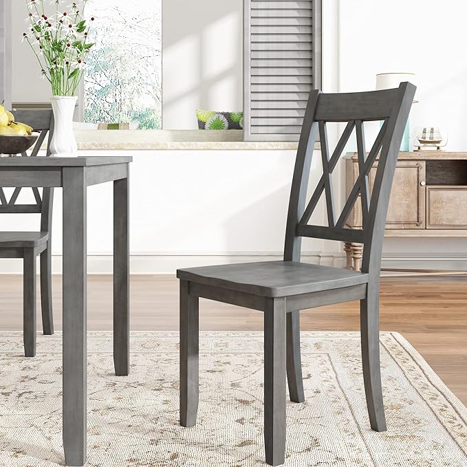 6-Piece Wood Rectangle Dining Table Set with Bench and 4 Cross Back Chairs for Kitchen Living Room, Farmhouse Rustic, Antique Graywash, 54" L x 36" W x 30" H - LeafyLoom