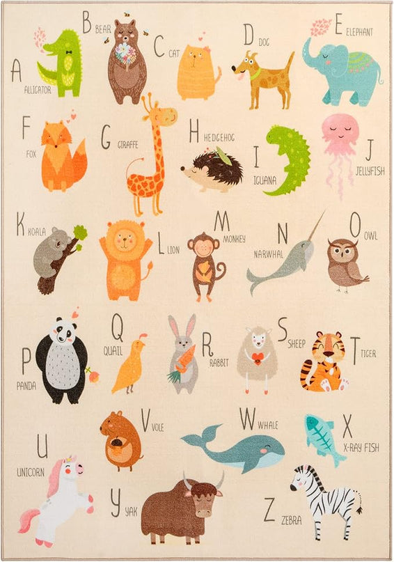 Booooom Jackson ABC Kids Classroom Rugs - 5'x6'6" Educational Numbers and Animal Carpet for Preschool, Classroom, and Kid's Room Safety and Learning - Alphabet Rug for Boys and Girls - LeafyLoom