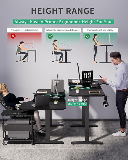 Standing Adjustable Desk, 63 inches L Shaped Electric Standing Gaming Desk with Locking Wheels, Cup Holder, Headphone Hook, Cable Manager, Mouse pad, Carbon Fiber Textured Pane - LeafyLoom