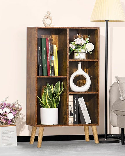 LEYAOYAO 5 Cube Small Bookshelf,3 Tier Mid-Century Bookcase with Legs,Wood Bookshelves Storage Organizer Shelf,Narrow Book Shelves,Brown Bookcases - LeafyLoom