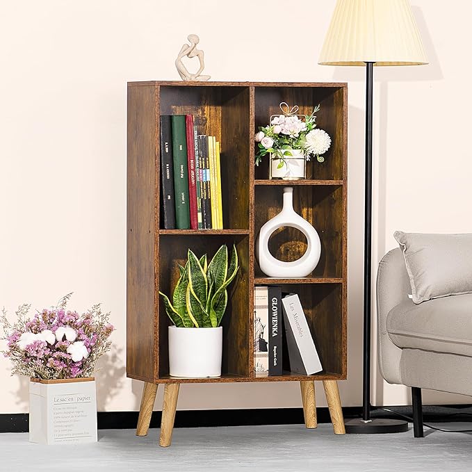 LEYAOYAO 5 Cube Small Bookshelf,3 Tier Mid-Century Bookcase with Legs,Wood Bookshelves Storage Organizer Shelf,Narrow Book Shelves,Brown Bookcases - LeafyLoom