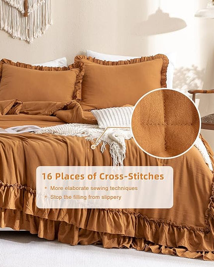 Pumpkin Color Ruffle Comforter Queen Size,Farmhouse Shabby Boho Chic Queen Bedding Comforter Set,3pcs Ultra Soft Fluffy Brown Orange Comforter Sets for Queen Bed with 2 Ruffled Pillowcases - LeafyLoom