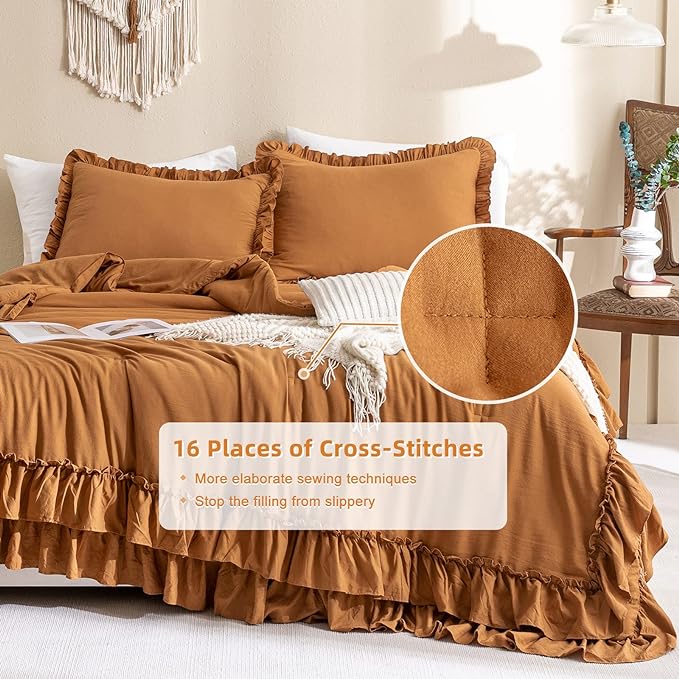 Pumpkin Color Ruffle Comforter Queen Size,Farmhouse Shabby Boho Chic Queen Bedding Comforter Set,3pcs Ultra Soft Fluffy Brown Orange Comforter Sets for Queen Bed with 2 Ruffled Pillowcases - LeafyLoom