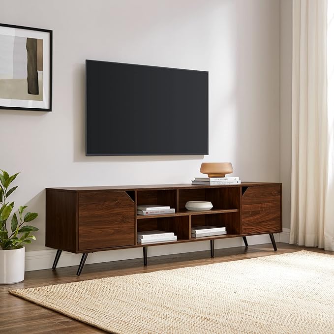 Walker Edison Nora Modern Minimal Open-Shelf Stand for TVs up to 80 Inches, 70 Inch, Dark Walnut - LeafyLoom