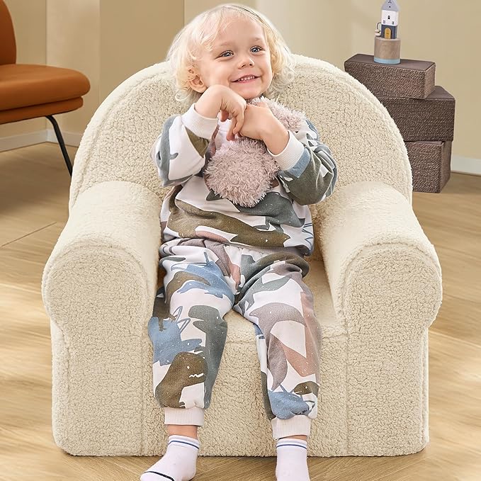 Beige Sherpa Toddler Chair, Soft Kids Plush Chair for Relaxing & Reading, Lightweight Handle Design, Easy to Clean, Removable Cover, Modern Style, 22x20x24 inches, 7.7 pounds - LeafyLoom