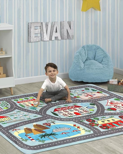LIVEBOX Large Playroom Rug 5'x7' Kids Play Mat for Classroom, Road Traffic Carpet for Boys Girls Playing Cars Toys, City Life Nursery Car Rug for Toddlers Bedroom Kids Room - LeafyLoom