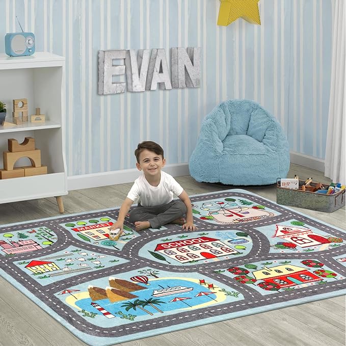 LIVEBOX Large Playroom Rug 5'x7' Kids Play Mat for Classroom, Road Traffic Carpet for Boys Girls Playing Cars Toys, City Life Nursery Car Rug for Toddlers Bedroom Kids Room - LeafyLoom
