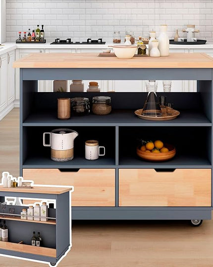Kitchen Island with Storage, Two-Sided Rolling Extended Table on Wheels w/Wood Top, Wine and Spice Rack, 2 Drawers, 3 Open Compartments for Dinning Room - LeafyLoom