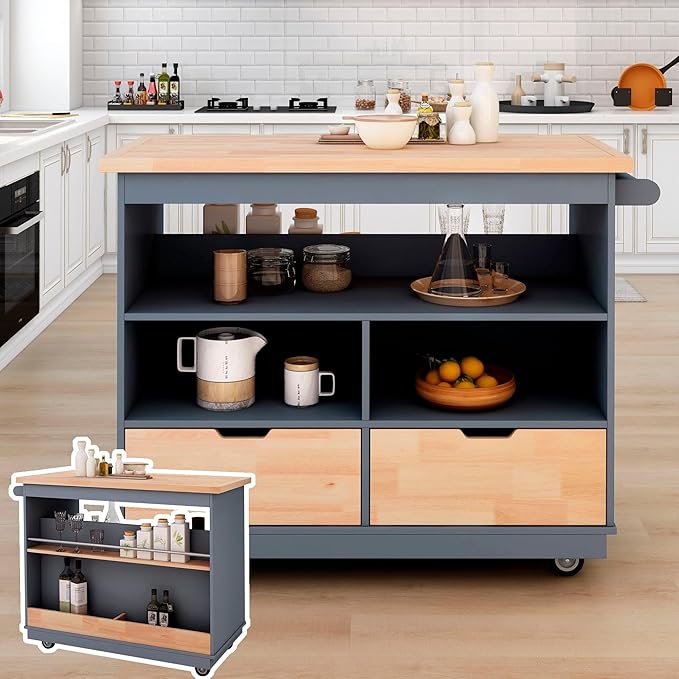 Kitchen Island with Storage, Two-Sided Rolling Extended Table on Wheels w/Wood Top, Wine and Spice Rack, 2 Drawers, 3 Open Compartments for Dinning Room - LeafyLoom