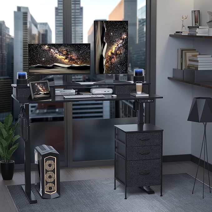55 Inch Electric Standing Desk with Cabinet & Drawers, Height Adjustable Sit Stand Desk with Monitor Shelf, Smart Home Office Standing Computer Desk, Black - LeafyLoom