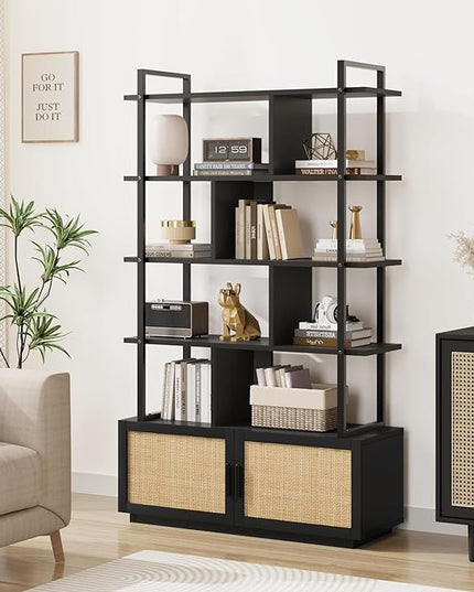 GAOMON 5 Tier Rattan Bookshelf with Storage Cabinet & Door, 71.1 Inch Tall Industrial Book Shelf with Open Display Shelves, 5 Shelf Bookcase with Metal Frame for Living Room, Bedroom -Black - LeafyLoom