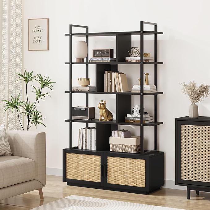 GAOMON 5 Tier Rattan Bookshelf with Storage Cabinet & Door, 71.1 Inch Tall Industrial Book Shelf with Open Display Shelves, 5 Shelf Bookcase with Metal Frame for Living Room, Bedroom -Black - LeafyLoom
